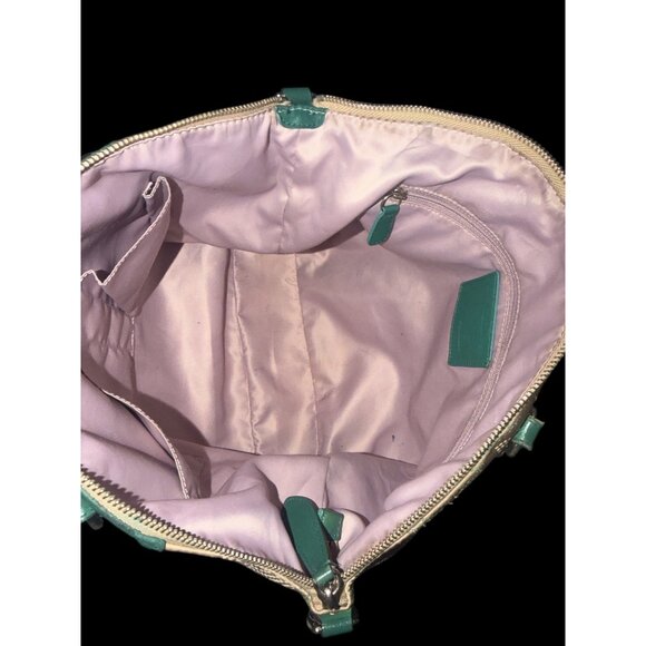 Coach Ashley Dotted OP Art North South Satchel F25183 Beige Sateen Green Leather - Picture 10 of 11